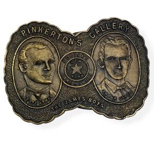 VTG 70s Pinkerton's Gallery James Boys Belt Buckle Jesse & Frank James Outlaws